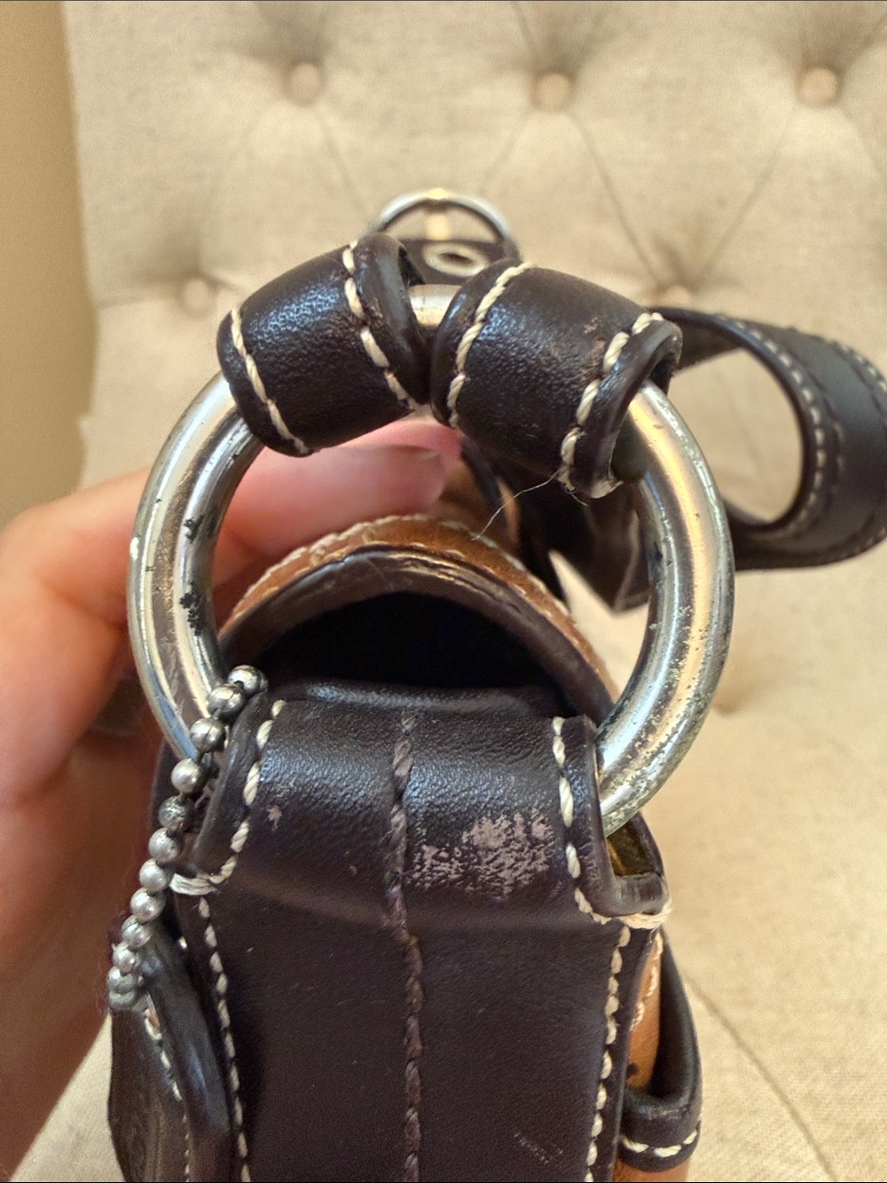 Coach Two-Tone Camel and Chocolate Leather Shoulder Bag - Picture 6 of 7